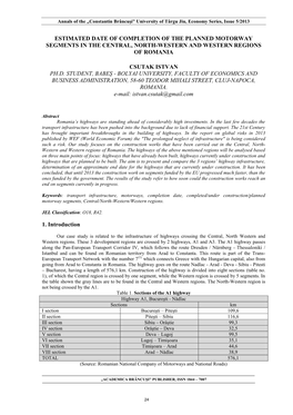 Estimated Date of Completion of the Planned Motorway Segments in the Central, North-Western and Western Regions of Romania