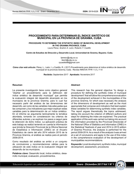 Procedimiento Para Determinar El Índice Sintético De Municipal En La Provincia De Granma, Cuba