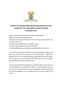 Speech by Finance Minister Pravin Gordhan at the Launch of the Land Bank’S Annual Report 19 August 2010