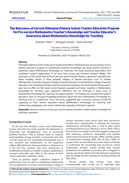 The Relevance of Current Ethiopian Primary School Teacher Education Program for Pre-Service Mathematics Teacher's Knowledge An