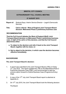 Agenda Item 3 Bristol City Council Extraordinary Full