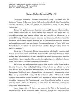 Girolamo Savonarola (1452-1498) Coordinator: Priest Professor Phd Nicolae Chifăr Priest Phd Student Iulian-Mihail Vasile