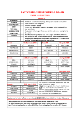 EAST CORK LADIES FOOTBALL BOARD UNDER 16 LEAGUE 2020 GROUP a GLANMIRE First Team Have Home Advantage
