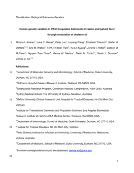 Biological Sciences—Genetics Human Genetic Variation in VAC14 Regulates Salmonella Invasion and Typhoid Feve