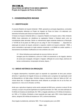 RIMA RELATÓRIO DE IMPACTO DO MEIO AMBIENTE Projeto De Irrigação De Flores De Goiás