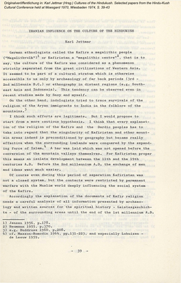 IRANIAN INFLUENCE on the CULTURE of the HINDUKUSH Karl Jettmar German Ethnologists Called the Kafirs a Megalithic People 1 2 (&Q