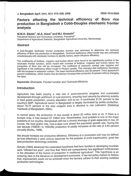 Factors Affecting the Technical Efficiency of Boro Rice Production in Bangladesh a Cobb-Douglas Stochastic Frontier Analysis