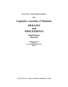 Legislative Assembly of Manitoba DEBATES and PROCEEDINGS Official Report