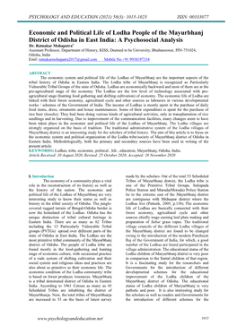 Economic and Political Life of Lodha People of the Mayurbhanj District of Odisha in East India: a Psychosocial Analysis Dr