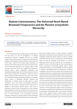 Human Consciousness: the Universal Heart Based Resonant Frequencies and the Massive Ecosystems Hierarchy