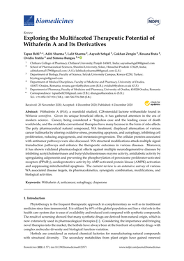 Exploring the Multifaceted Therapeutic Potential of Withaferin a and Its Derivatives