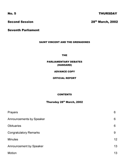 No. 5 THURSDAY Second Session 28Th March, 2002 Seventh