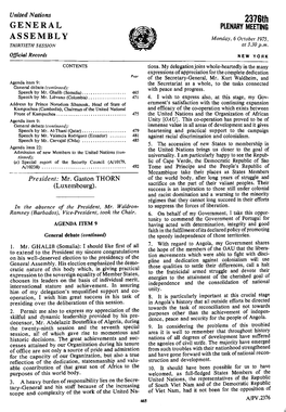 2376Th PLENARY MEETING ASSEMBLY Monday, 6 October /975 THIR71ETH SESSION at 3.30 P.M: Official Records NEW YORK CONTENTS Tions