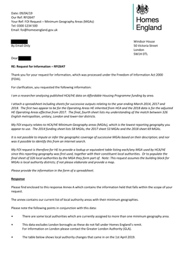 RFI2647 Your Ref: FOI Request – Minimum Geography Areas (Mgas) Tel: 0300 1234 500 Email: Foi@Homesengland.Gov.Uk