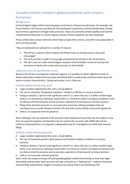 Canadian Entities Involved in Global Laundromat Style Company Formations Background United Kingdom Legal Entities Have Long Been at the Heart of Known Laundromats
