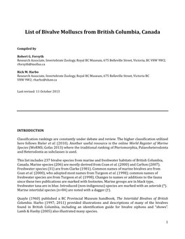 List of Bivalve Molluscs from British Columbia, Canada