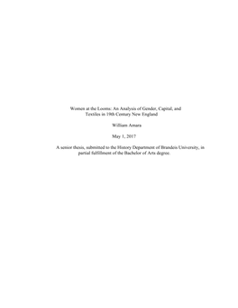 Women at the Looms: an Analysis of Gender, Capital, and Textiles in 19Th Century New England