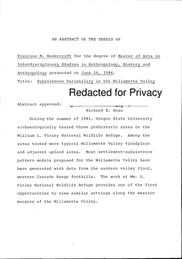 Subsistence Variability in the Willamette Valley Redacted for Privacy