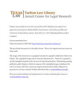 Journal of the Secession Convention of Texas 1861. Edited from the Original in the Department of State by Ernest William Winkler, State Librarian