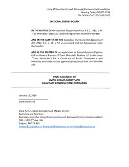 Living Oceans Society and Raincoast Conservation Foundation Hearing Order OH-001-2014 File OF-Fac-Oil-T260-2013-0302