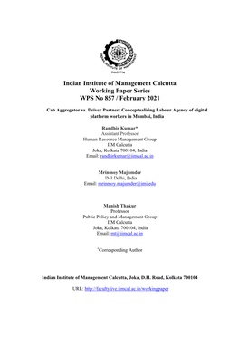 Indian Institute of Management Calcutta Working Paper Series WPS No 857 / February 2021