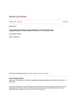 Legislating the Necessity Defense in Criminal Law