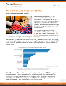 The Top 15 Generic Drugmakers of 2016 by Eric Sagonowsky, Eric Palmer, Angus Liu