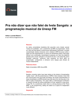 Pra Não Dizer Que Não Falei De Ivete Sangalo: a Programação Musical Da Unesp FM