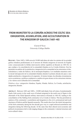 From Munster to La Coruña Across the Celtic Sea: Emigration, Assimilation, and Acculturation in the Kingdom of Galicia (1601-40)