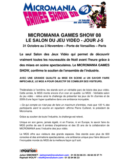 MICROMANIA GAMES SHOW 08 LE SALON DU JEU VIDEO - JOUR J-5 31 Octobre Au 3 Novembre – Porte De Versailles – Paris