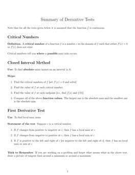 Summary of Derivative Tests