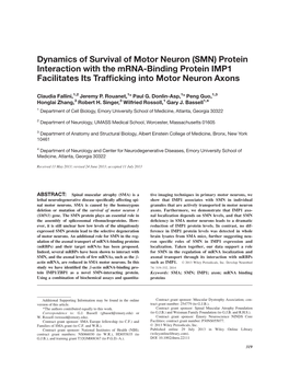 Dynamics of Survival of Motor Neuron (SMN) Protein Interaction with the Mrnabinding Protein IMP1 Facilitates Its Trafficking