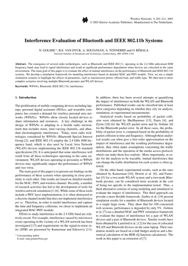 Interference Evaluation of Bluetooth and IEEE 802.11B Systems