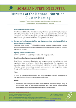 National Nutrition Cluster Meeting Minutes
