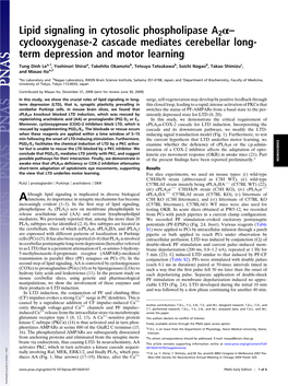 Lipid Signaling in Cytosolic Phospholipase A2α– Cyclooxygenase-2 Cascade Mediates Cerebellar Long- Term Depression and Motor Learning