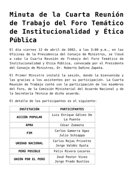 Acta De La Sexta Reunión De Trabajo Del Foro Central De Gobernabilidad Del Acuerdo Nacional