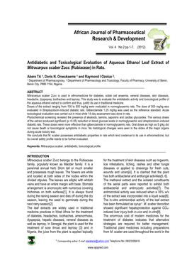 Antidiabetic and Toxicological Evaluation of Aqueous Ethanol Leaf Extract of Mitracarpus Scaber Zucc (Rubiaceae) in Rats