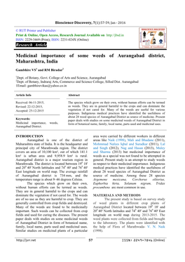 Medicinal Importance of Some Weeds of Aurangabad District, Maharashtra, India