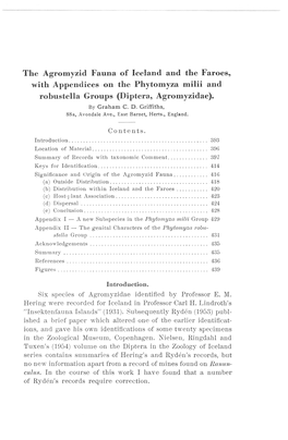 Agromyzid Fauna of Iceland and the Faroes,. the Phytomyza and Agromyzidae)