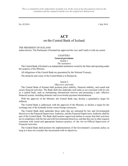 Act No. 92/2019, on the Central Bank of Iceland