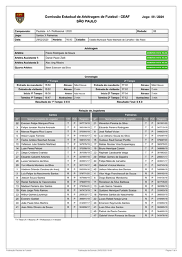 Comissão Estadual De Arbitragem De Futebol - CEAF Jogo: 59 / 2020 SÃO PAULO