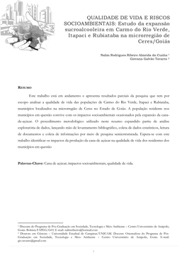 Estudo Da Expansão Sucroalcooleira Em Carmo Do Rio Verde, Itapaci E Rubiataba Na Microrregião De Ceres/Goiás