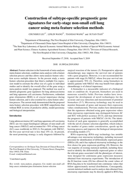 Construction of Subtype‑Specific Prognostic Gene Signatures for Early‑Stage Non‑Small Cell Lung Cancer Using Meta Feature Selection Methods