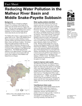 Reducing Water Pollution in the Malheur River Basin and the Middle Snake-Payette Subbasin