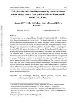 Fish Diversity and Assemblages According to Distance from Source Along a Coastal River Gradient (Ehania River; South- East of Ivory Coast)