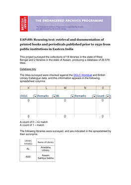 EAP188: Rescuing Text: Retrieval and Documentation of Printed Books and Periodicals Published Prior to 1950 from Public Institutions in Eastern India