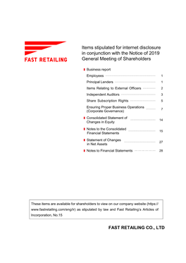 Items Stipulated for Internet Disclosure in Conjunction with the Notice of 2019 General Meeting of Shareholders