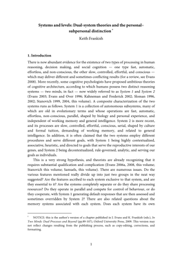 Dual-System Theories and the Personal– Subpersonal Distinction ∗ Keith Frankish