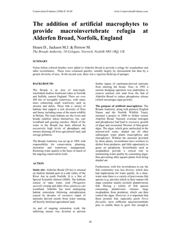 The Addition of Artificial Macrophytes to Provide Macroinvertebrate Refugia at Alderfen Broad, Norfolk, England