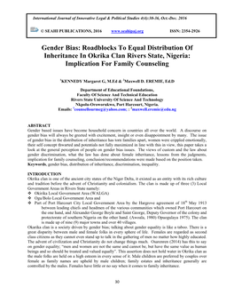 Roadblocks to Equal Distribution of Inheritance in Okrika Clan Rivers State, Nigeria: Implication for Family Counseling